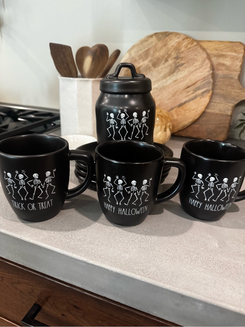 Rae Dunn Black Halloween Skeleton Mug Set with Canister